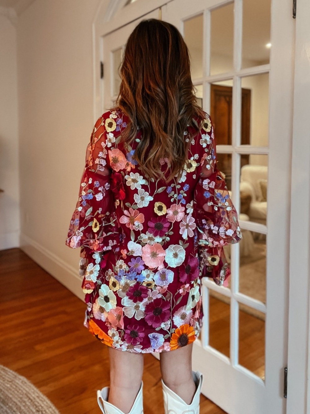 Buddy Love Gayle Wide Sleeve Mini Dress Applique Embroidered Flowers Solstice S - Picture 6 of 10